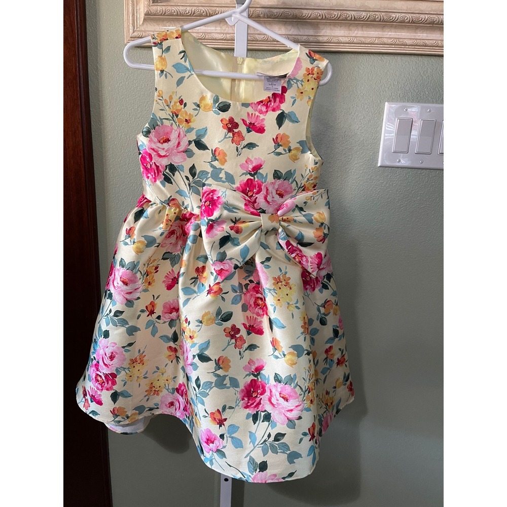 Rare Editions Girl's Yellow Formal Floral Dress Large Side Bow  Size 5 Used